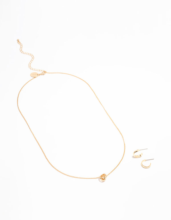 Gold Mini Sphere Pendant Necklace & Sleek Hoop Earrings Set