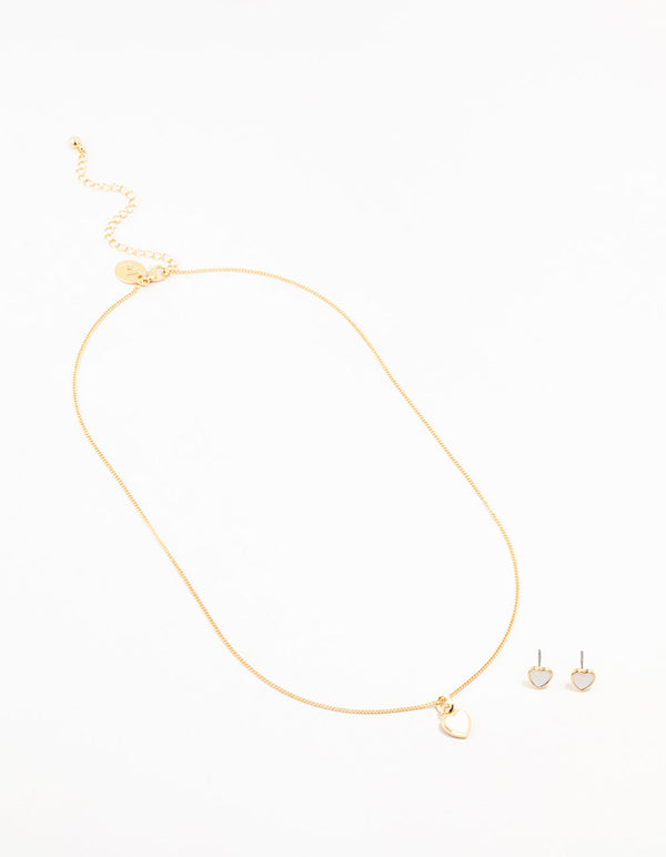 Gold Enamel Heart Necklace & Earrings Set