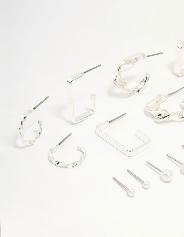 Silver Pearl & Mixed Shape Hoop Earrings 8-Pack