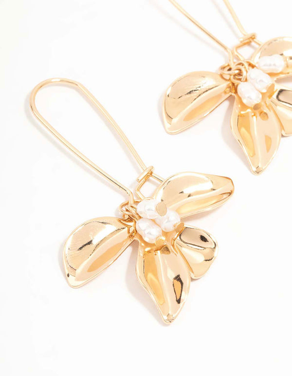 Gold Petal Pearl Large Fish Hook Earrings