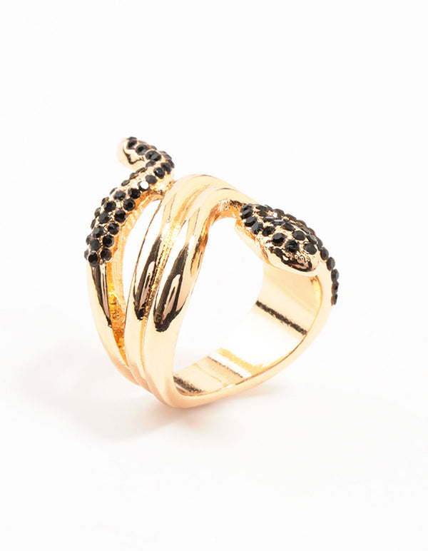 Black Diamante & Gold Stacked Snake Ring