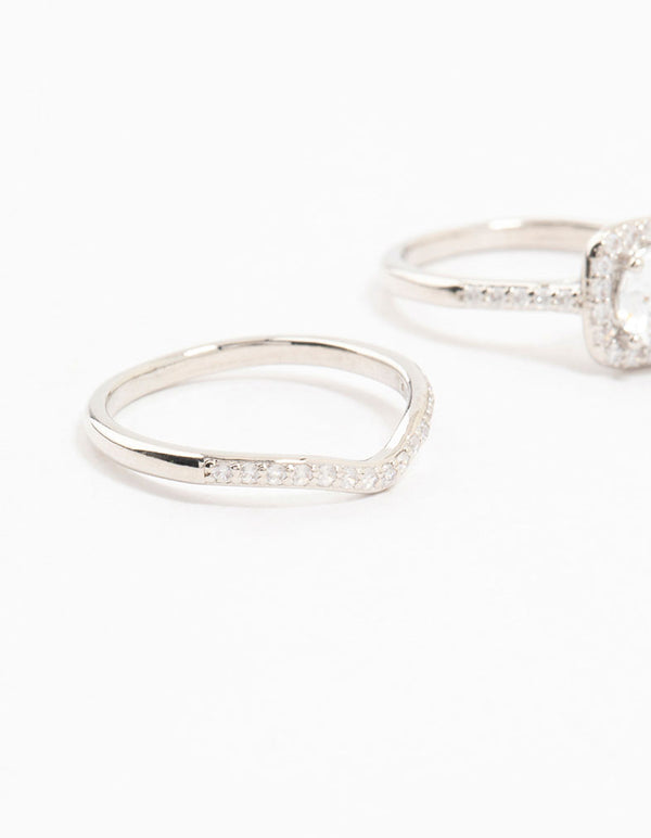 Beautifully crafted silver pointed and halo ring pack with cubic zirconia in halo cut close up view