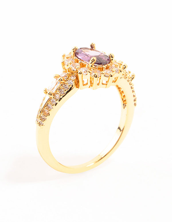 Showcasing a gold opulent purple cubic zirconia statement ring with halo cut crystal in clear side detail view
