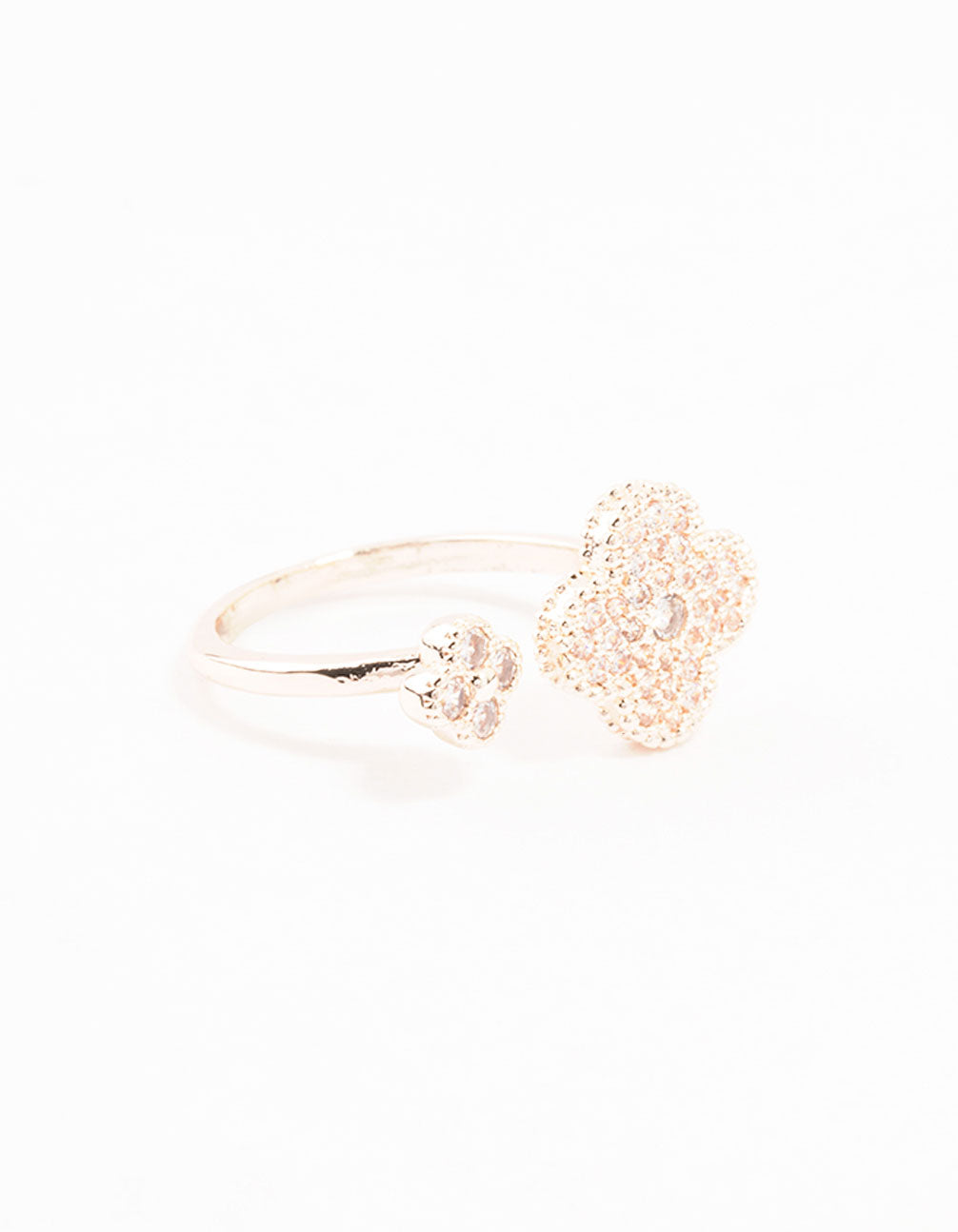 Featuring a floral rose gold open flower ring front view