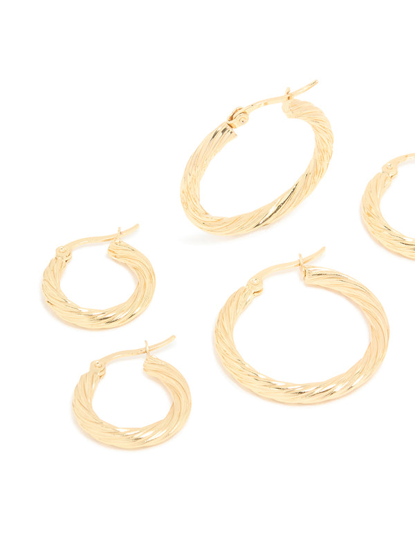 Waterproof Gold Plated Stainless Steel Twisted Hoop Earrings 3-Pack