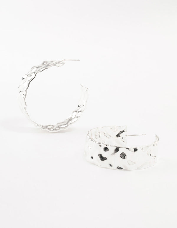 Silver Molten Large Thick Hoop Earrings