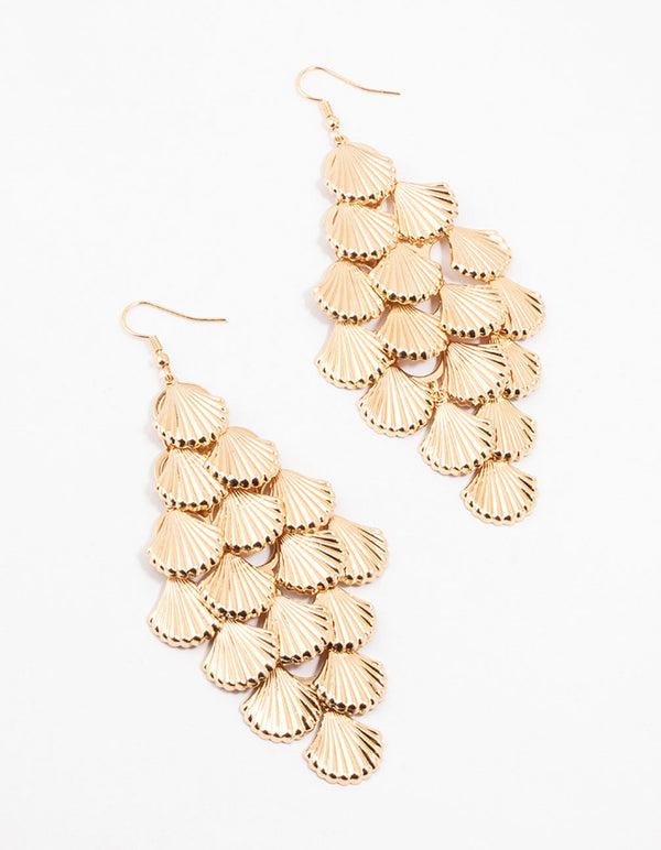 Gold Ribbed Shell Design Drop Earrings