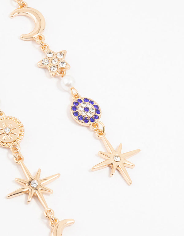 Gold Celestial & Dark Blue Evil Eye Drop Earrings