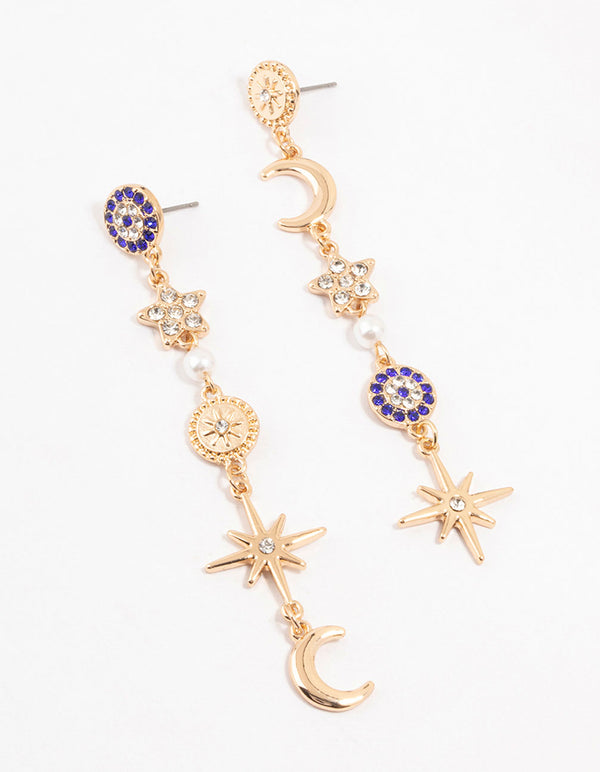Gold Celestial & Dark Blue Evil Eye Drop Earrings