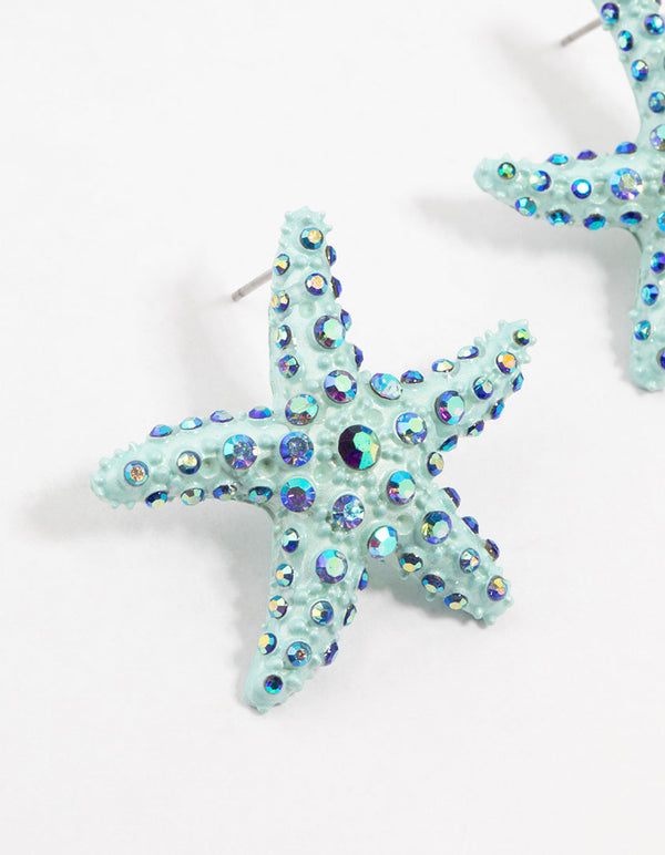 Blue Coated Metal Small Starfish Stud Earrings