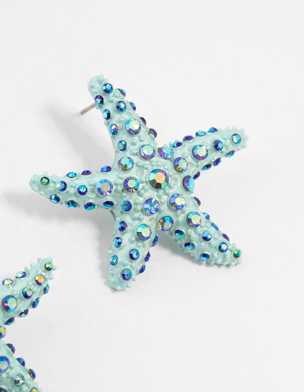 Blue Coated Metal Small Starfish Stud Earrings