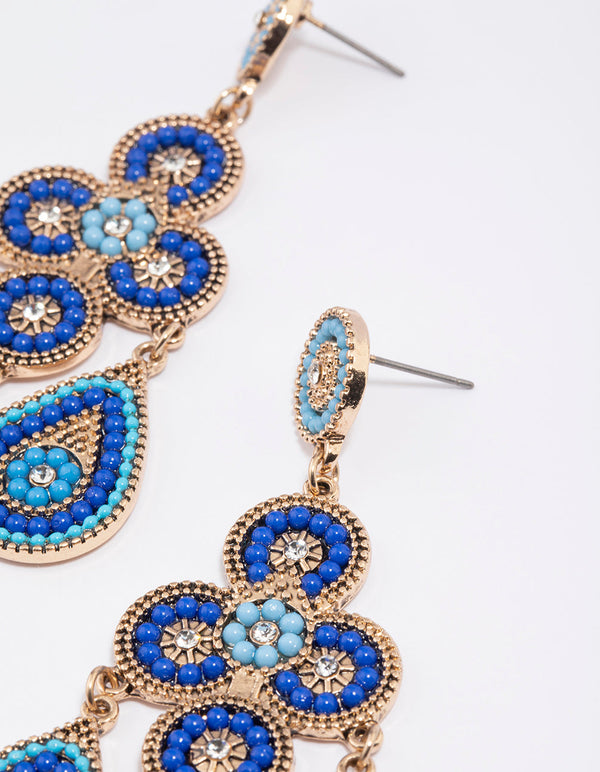 Gold Blue Beaded Multirow Drop Earrings