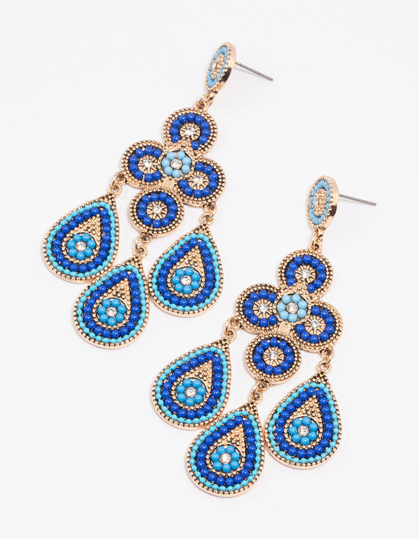 Gold Blue Beaded Multirow Drop Earrings