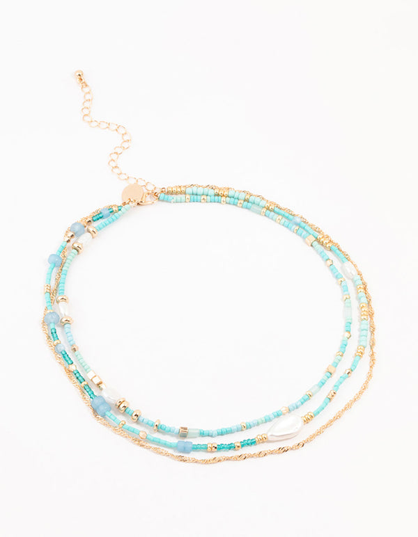 Blue Beaded, Gold & Pearl Layered Choker