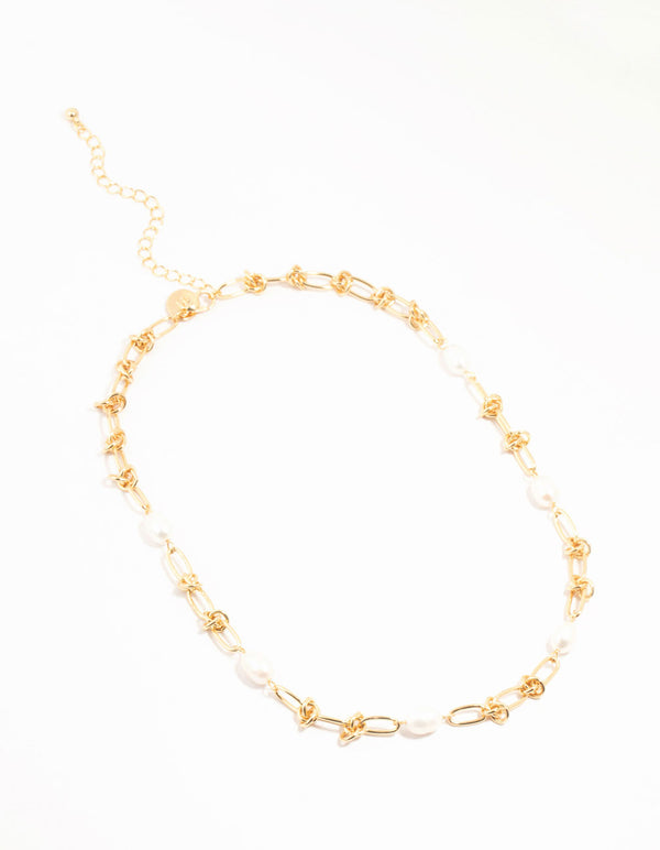 Gold Plated Freshwater Pearl & Knotted Necklace