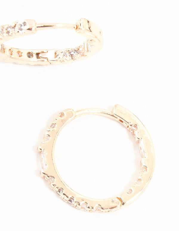 Rose Gold Plated Baguette Pave Diamante Hoop Earrings