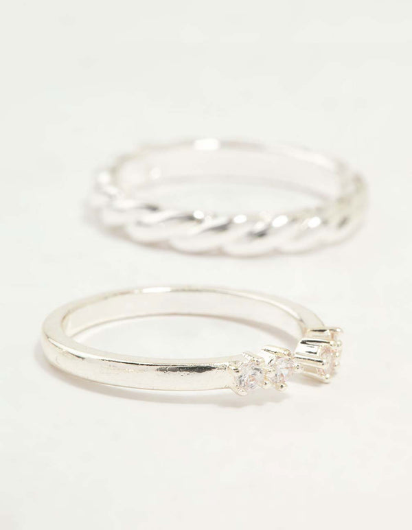 Silver Plated Dainty Diamante Stacking Rings 5-Pack
