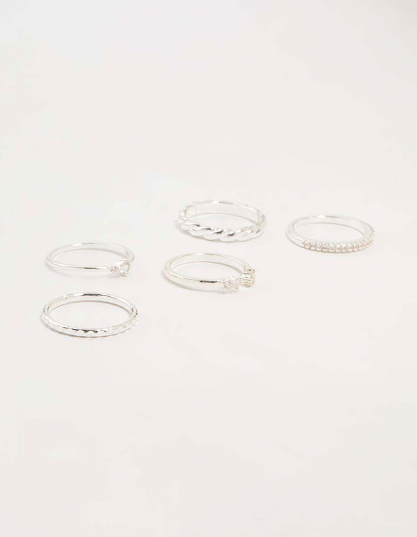 Silver Plated Dainty Diamante Stacking Rings 5-Pack