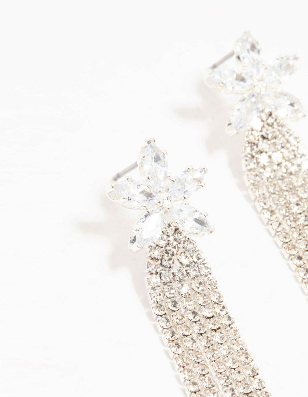 Diamante Floral Cup Chain Drop Silver Earrings