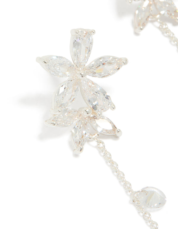 Silver Plated Cubic Zirconia Flower Station Drop Earrings