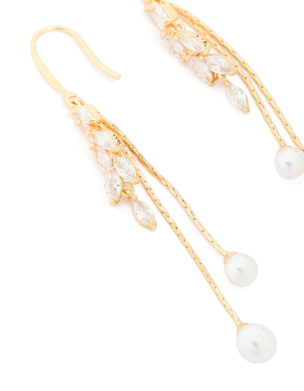 Beautifully crafted gold plated cubic zirconia pearl and leaf drop hook earrings close up view
