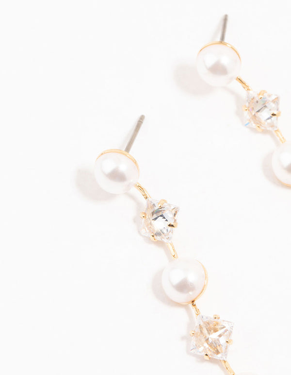 Gold Plated Alternating Pearl & Cubic Zirconia Drop Earrings