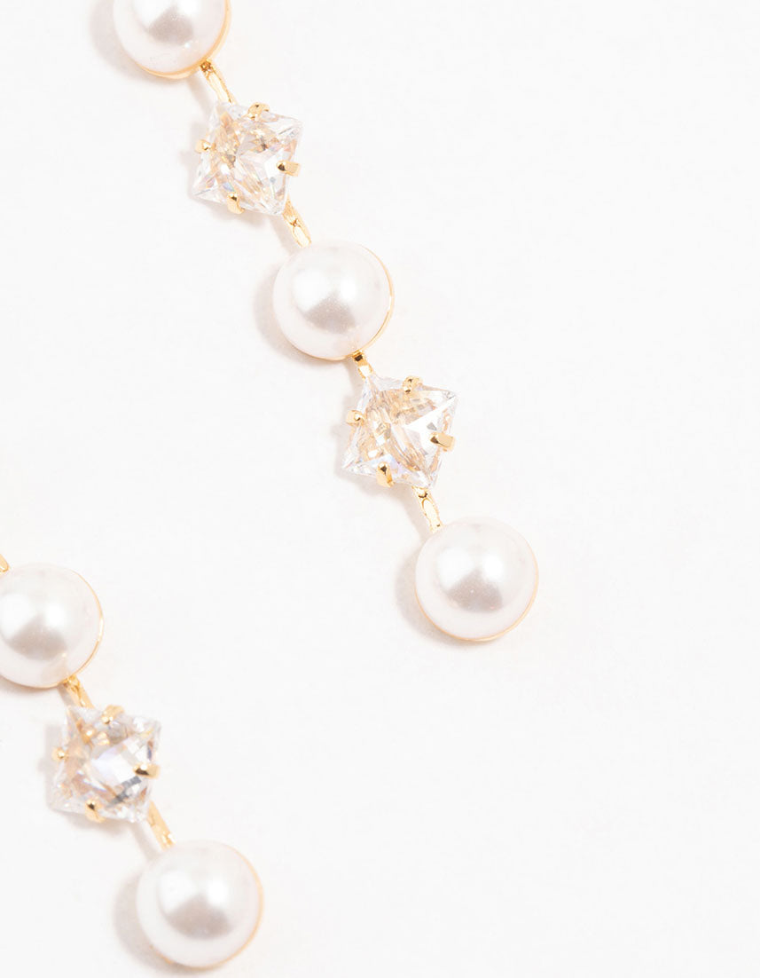 Gold Plated Alternating Pearl & Cubic Zirconia Drop Earrings