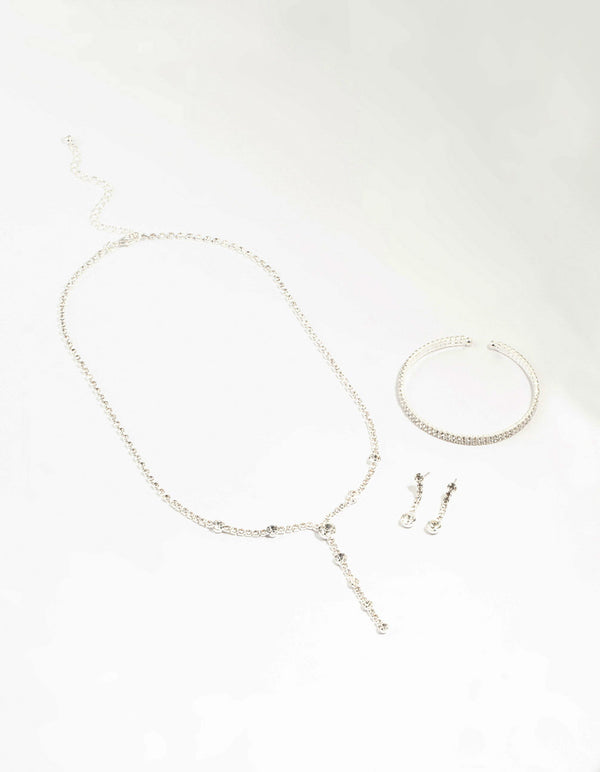 Silver Diamante Station Necklace & Earrings & Bracelet Set