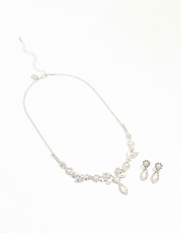 Silver Vine Diamante Pearl Necklace & Earrings Set