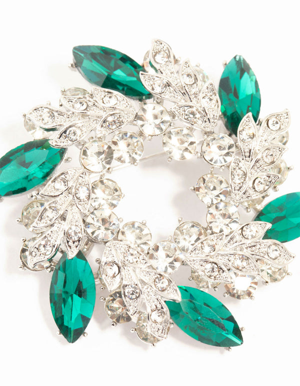 Silver & Green Diamante Wreath Brooch
