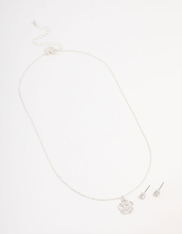 Silver Rose Diamante Necklace & Earrings Set