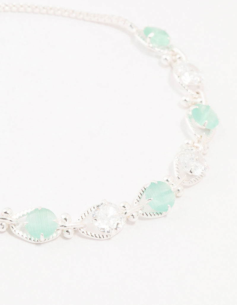Silver Alternating Aqua Cubic Zirconia Crystal Dumbbell Toggle Bracelet