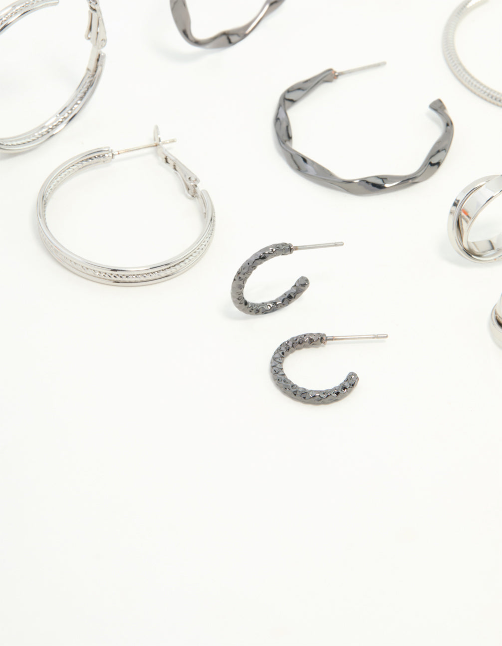 Mixed Shade Silver Twisted & Sleek Hoop Earrings 6-Pack