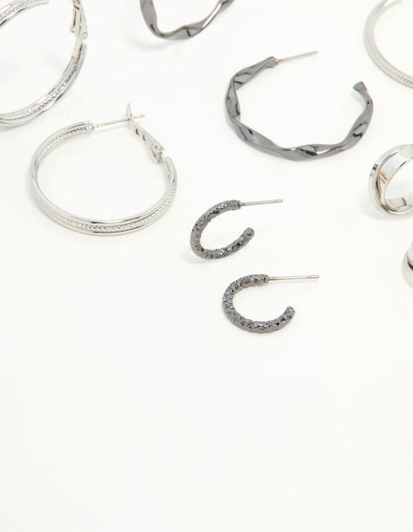 Mixed Shade Silver Twisted & Sleek Hoop Earrings 6-Pack