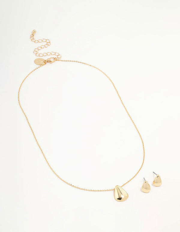 Gold Teardrop Necklace & Stud Earrings Set