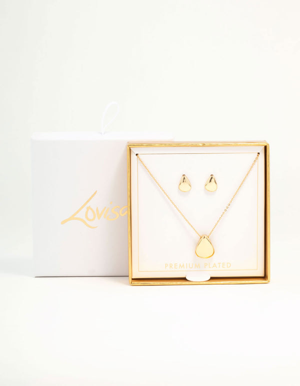 Gold Teardrop Necklace & Stud Earrings Set