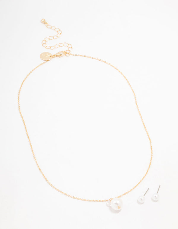 Gold Pearl Diamante Necklace & Stud Earrings Set