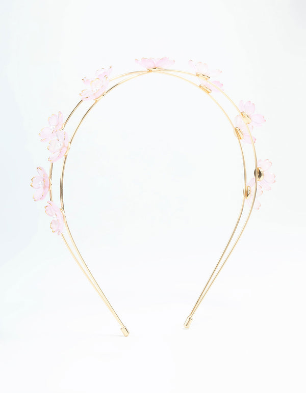 Small Pink Flower Gold Headband