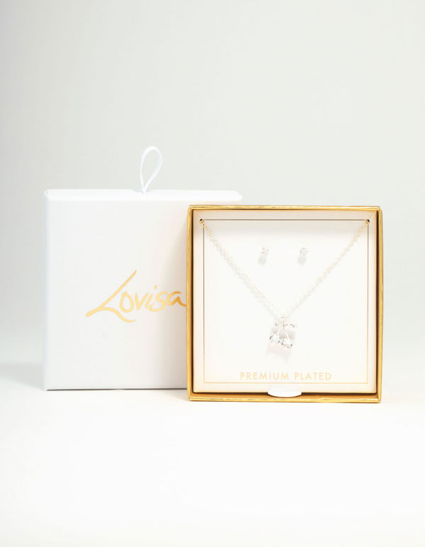 Silver Diamante Cherry Necklace & Stud Earrings Set