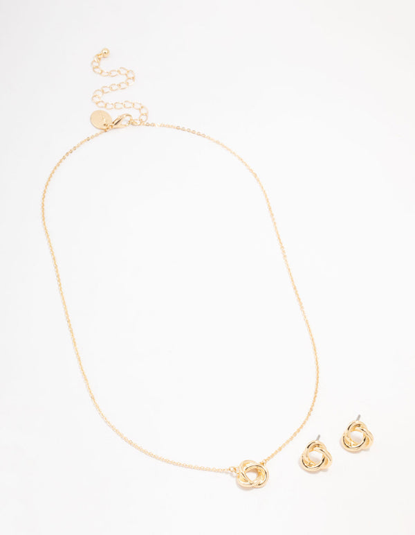 Gold Knotted Necklace & Stud Earrings Set