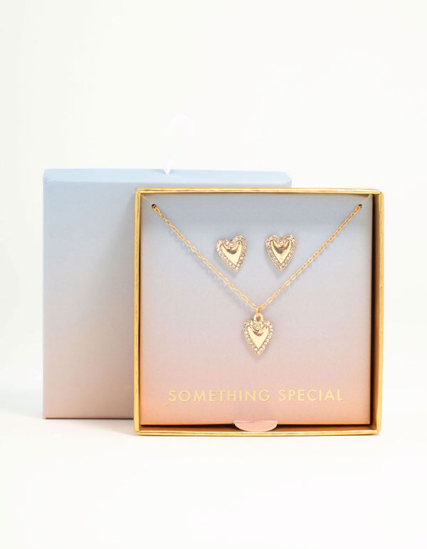 Gold Diamante Heart Edge Necklace & Stud Earrings