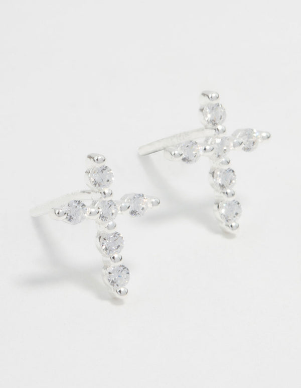 Sterling Silver Marquise Cubic Zirconia Cross Stud Earrings