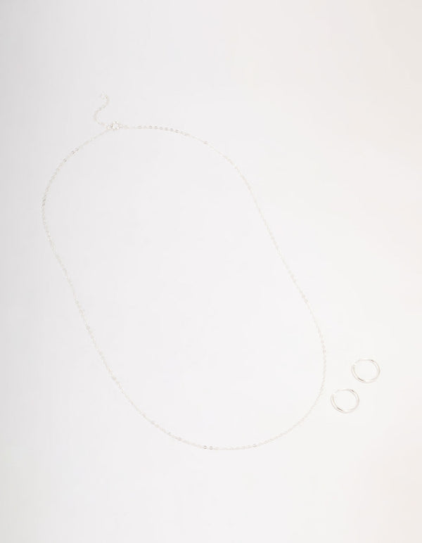 Sterling Silver Chain Necklace & Hoop Earrings Set