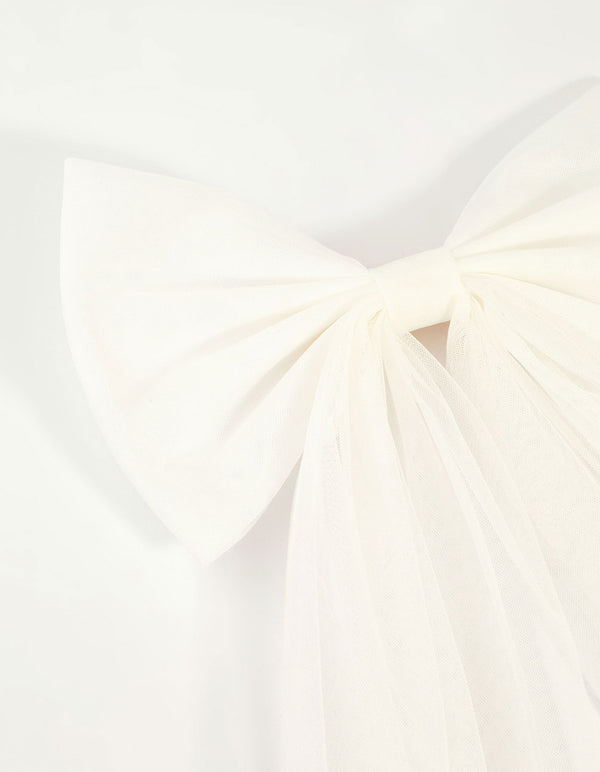 White Tulle Fabric Bow Clip