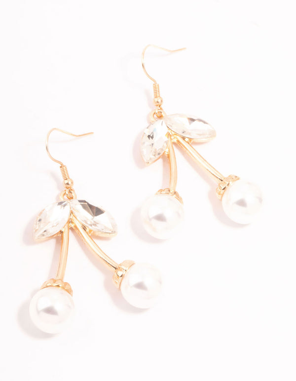 Gold Diamante Pearl Cherry Drop Earrings