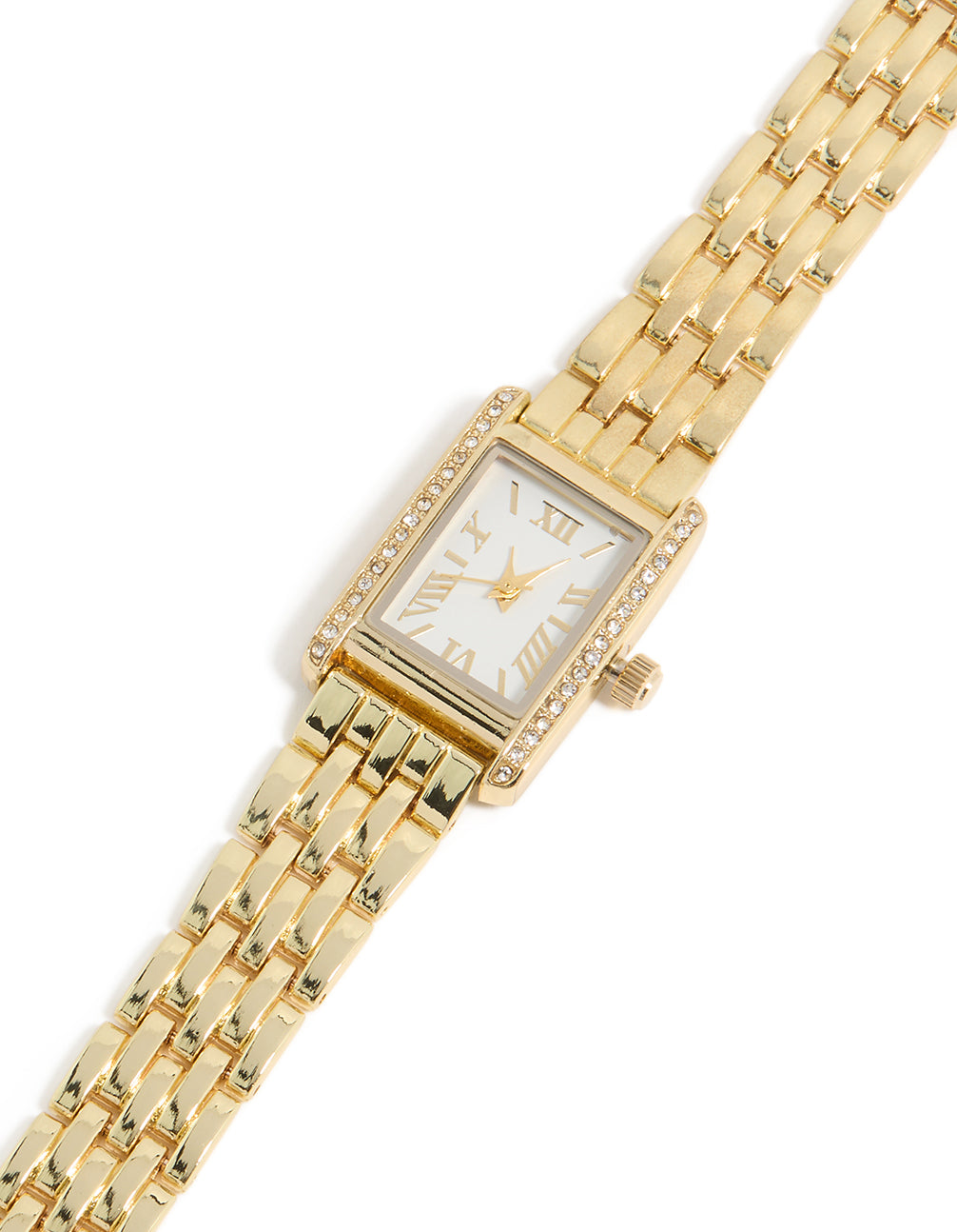 Elegant gold and diamante Roman numeral watch featuring a white dial, rectangular shape, link band strap, analog type designed for women's formal occasions watch face detail view