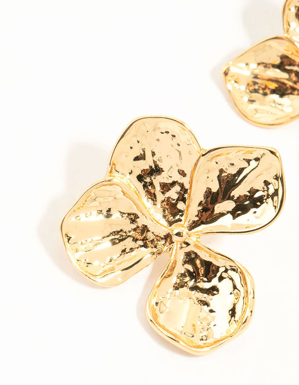 Gold Plated Textured Flower Stud Earrings