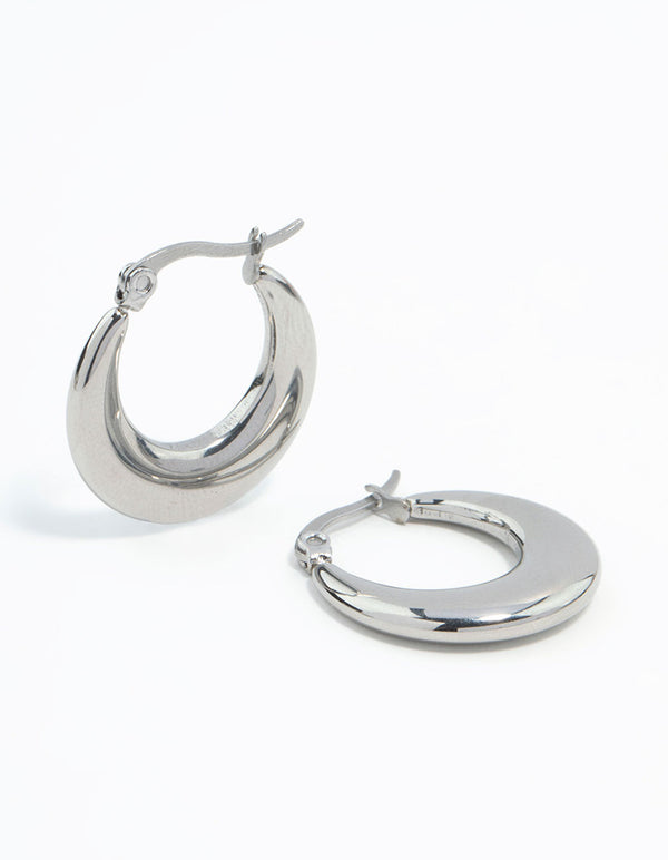 Showcasing waterproof flat crescent hoop earrings crafted from stainless steel in silver front view