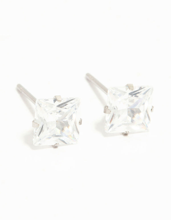 Discover waterproof diamante stainless steel stud earrings with princess cut stones in silver and clear front view