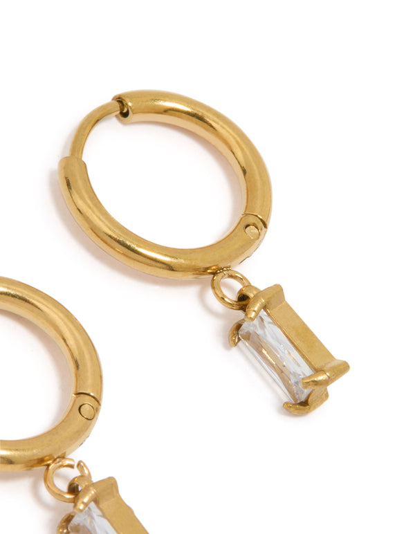 Presenting waterproof gold plated stainless steel baguette diamante huggie earrings and closure mechanism post detail view
